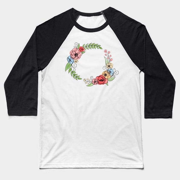 Floral Peony Loop Wreath Baseball T-Shirt by Lady Lilac